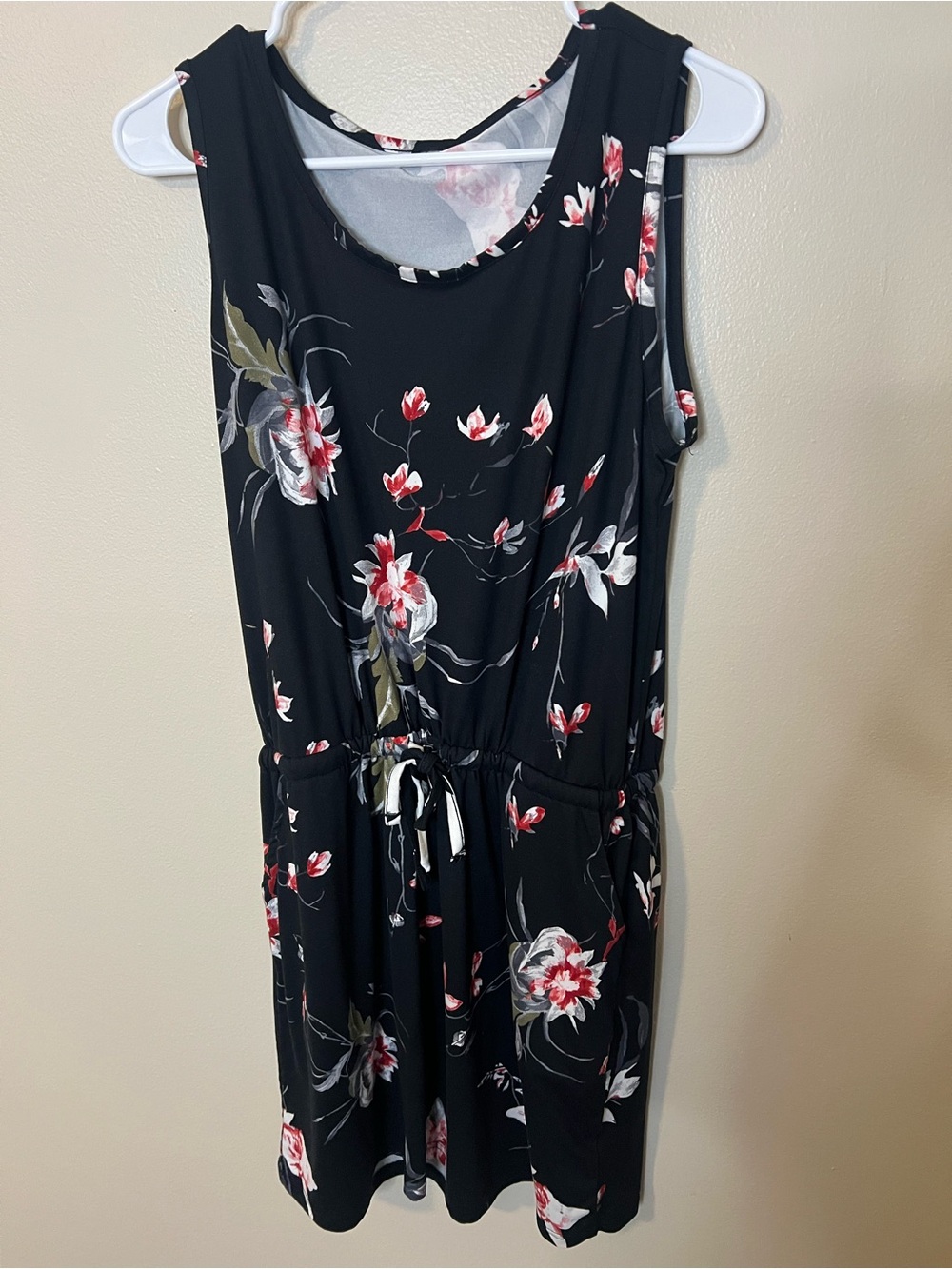 Black Floral Midi Dress with Drawstring Waist